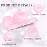 Keilin Star Studded Rhinestone Cowgirl Hat Disco Cowboy Hat Felt Western Nashville Bachelorette Party Hat for Teens and Adults, Pink